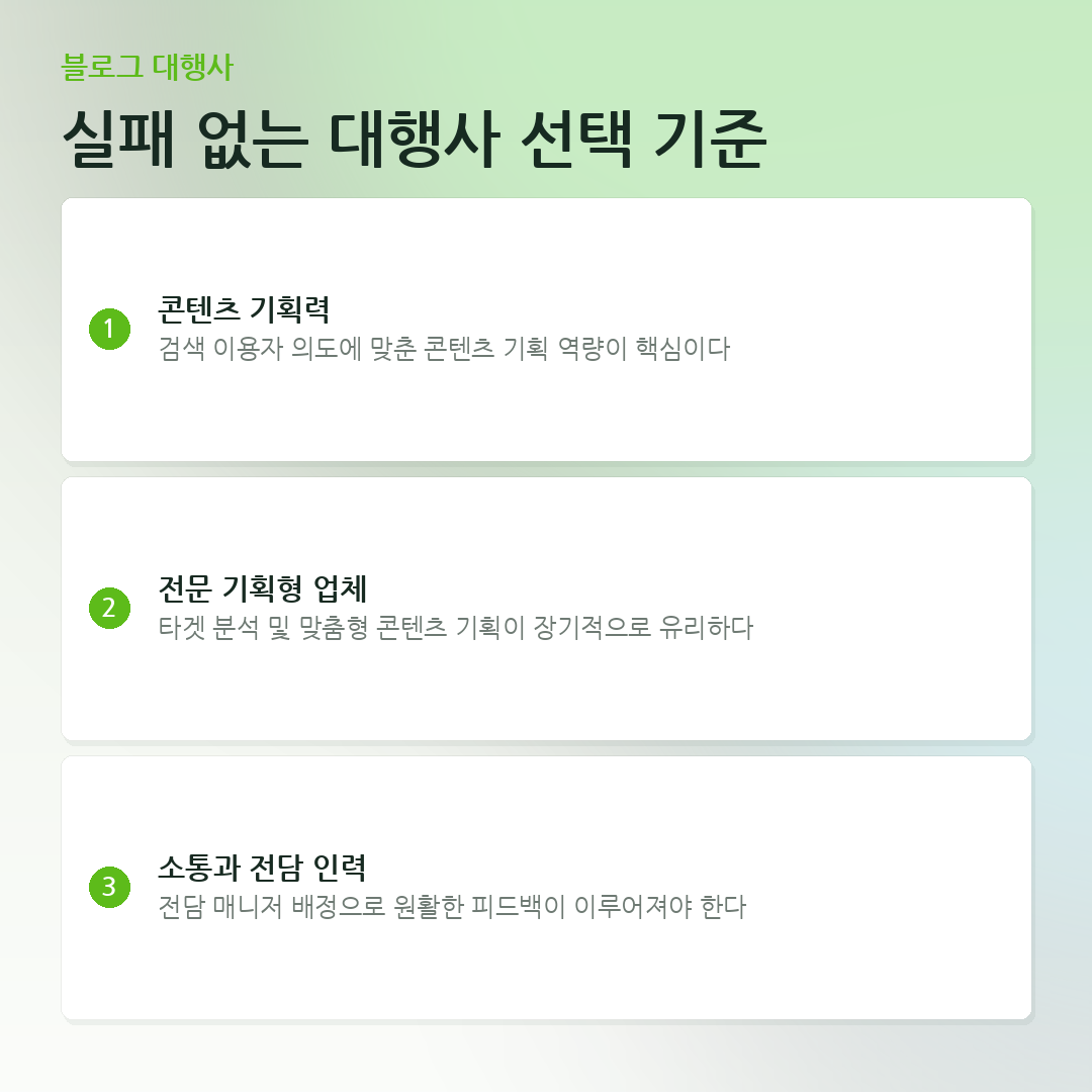 실패 없는 대행사 선택 기준 요약 카드