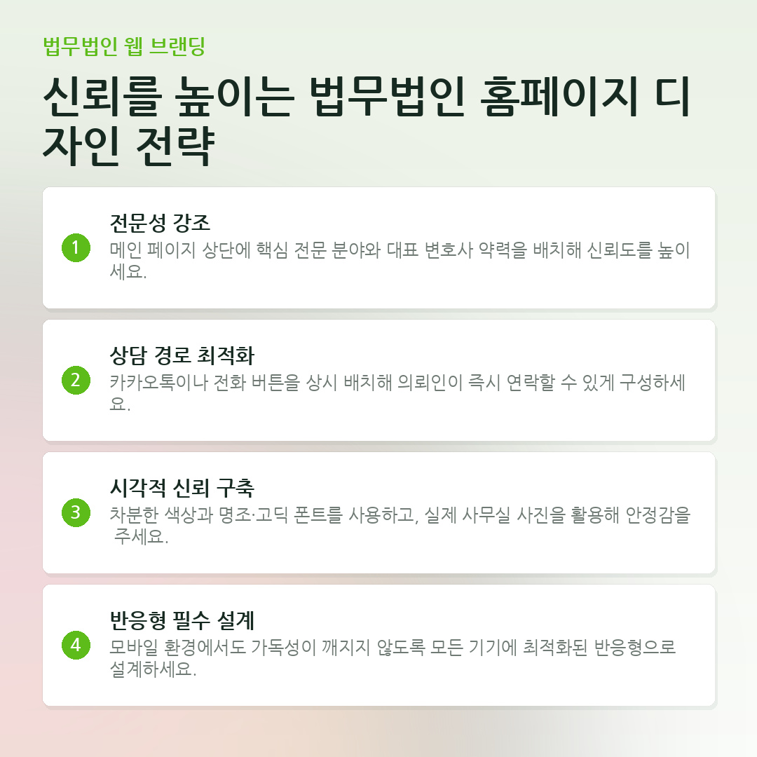 신뢰를 높이는 법무법인 홈페이지 디자인 전략 요약 카드