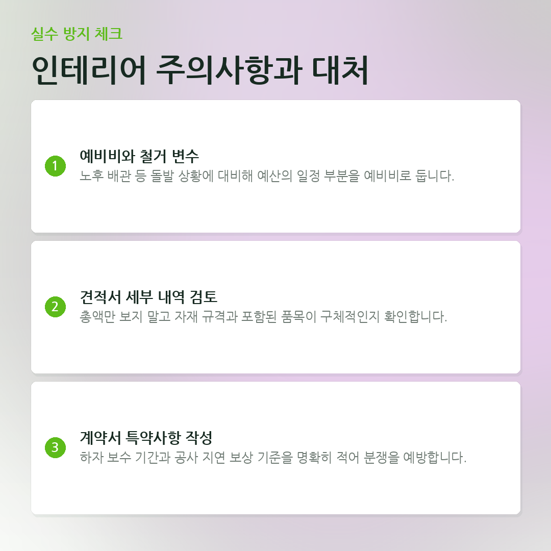인테리어 주의사항과 대처 요약 카드