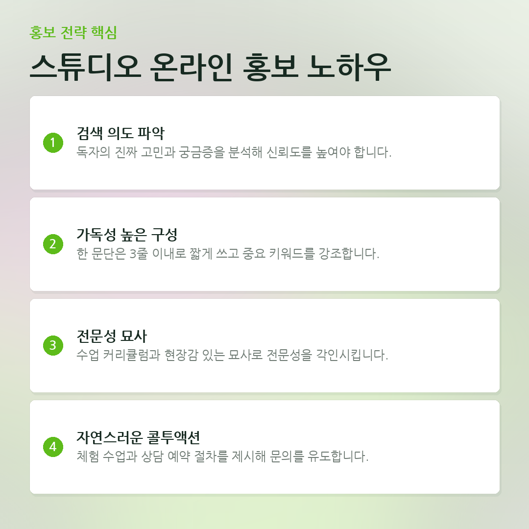 스튜디오 온라인 홍보 노하우 요약 카드