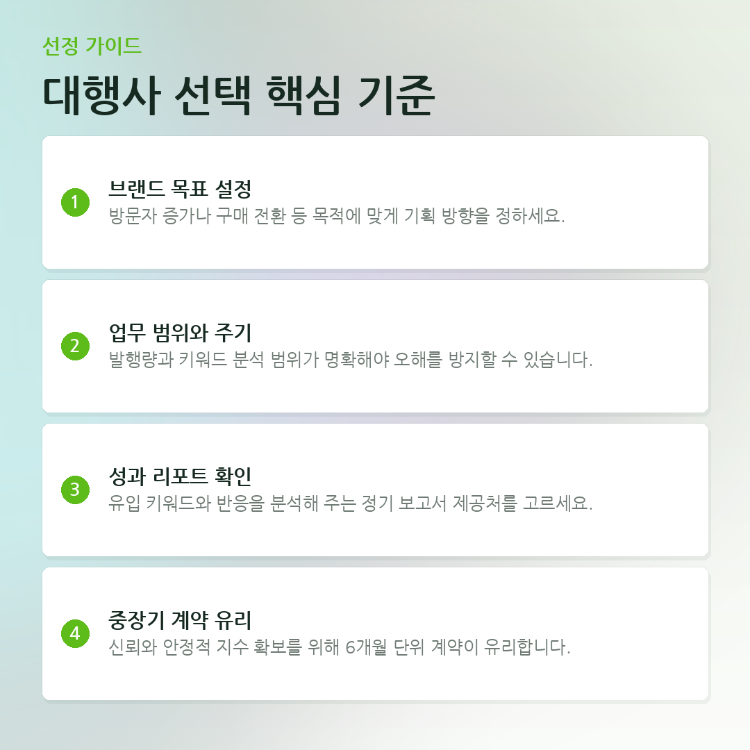 대행사 선택 핵심 기준 요약 카드