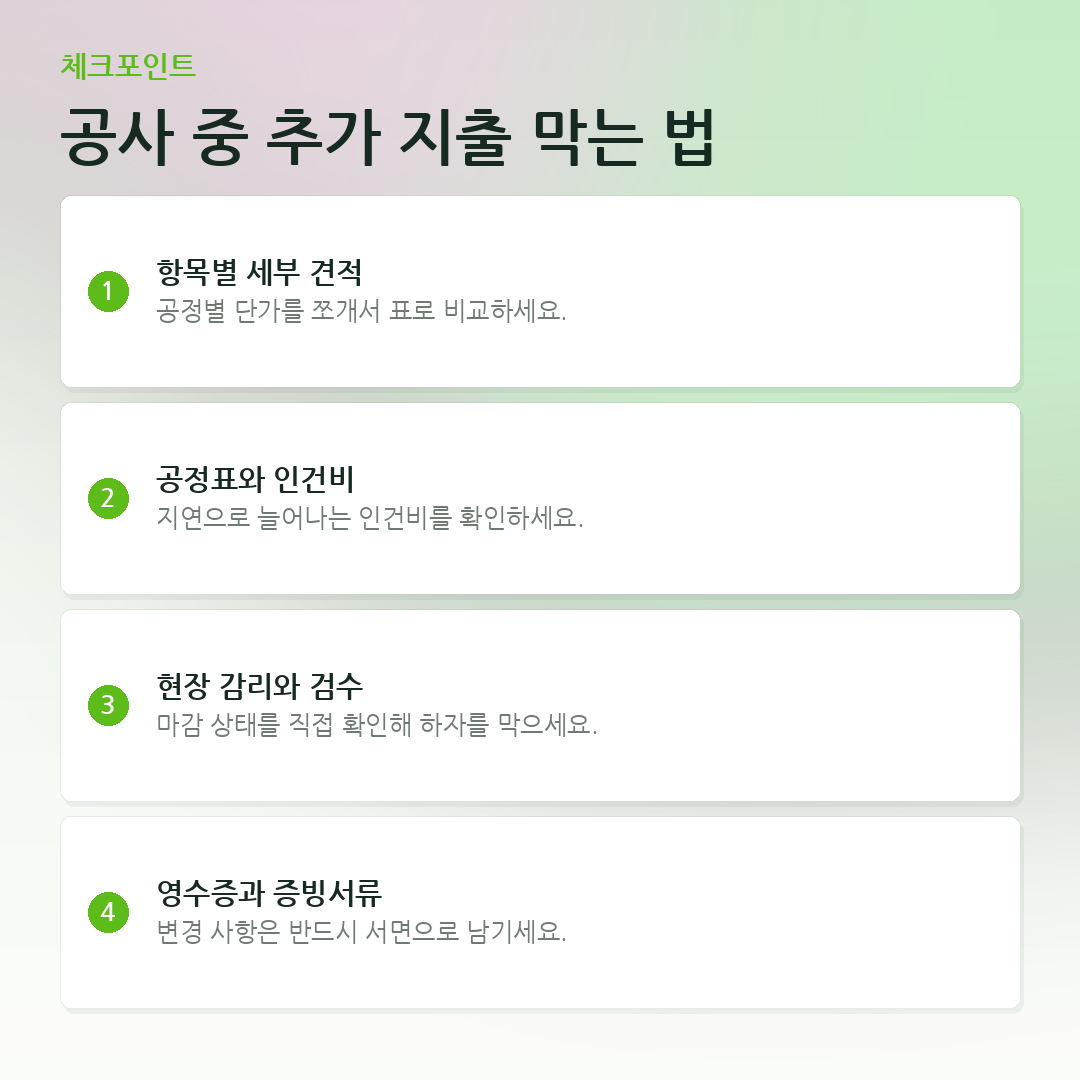 공사 중 추가 지출 막는 법 요약 카드