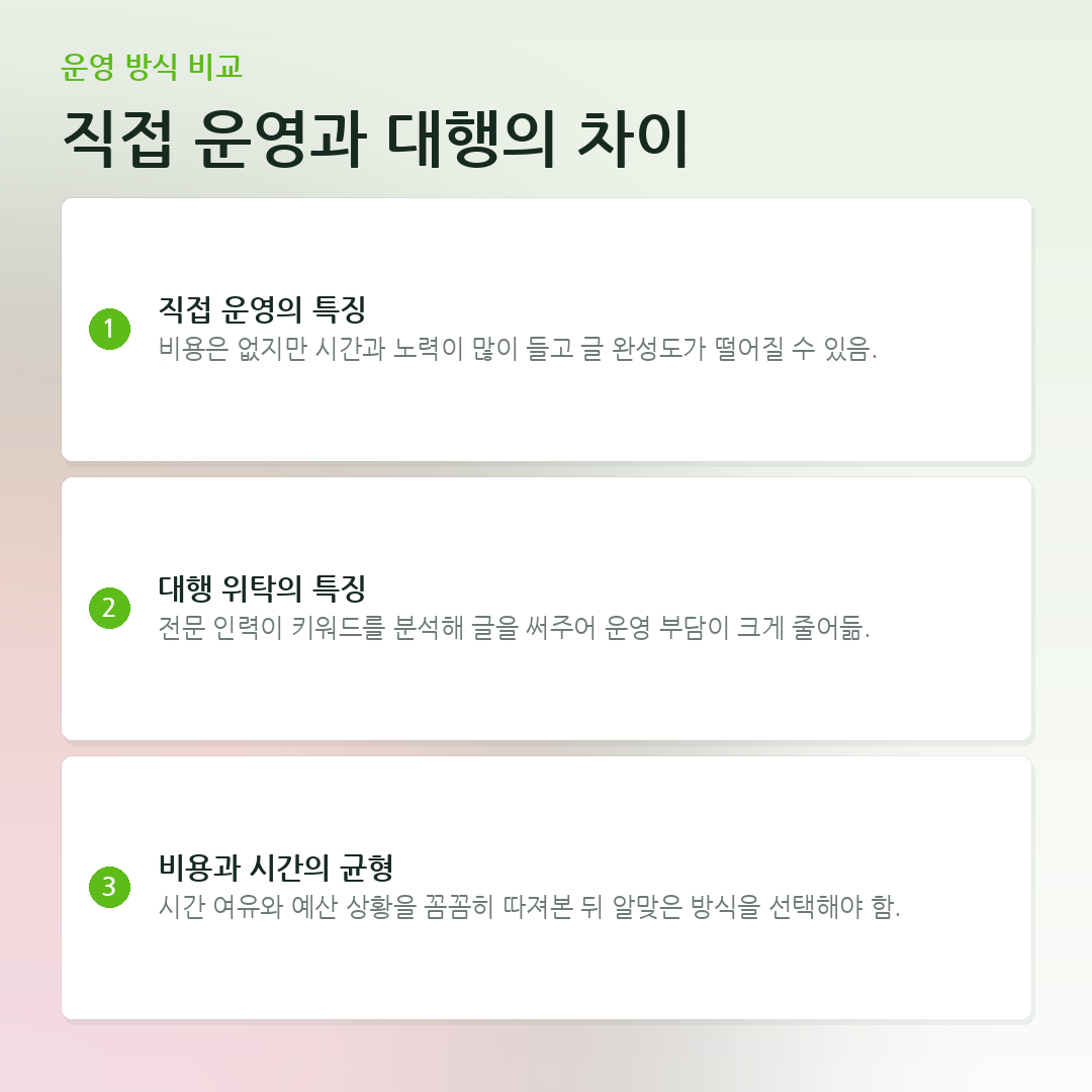 직접 운영과 대행의 차이 요약 카드