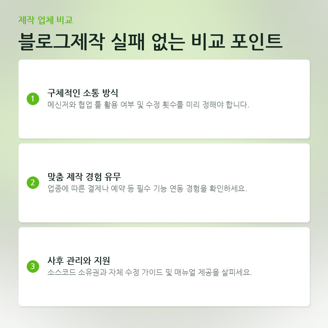 블로그제작 실패 없는 비교 포인트 요약 카드
